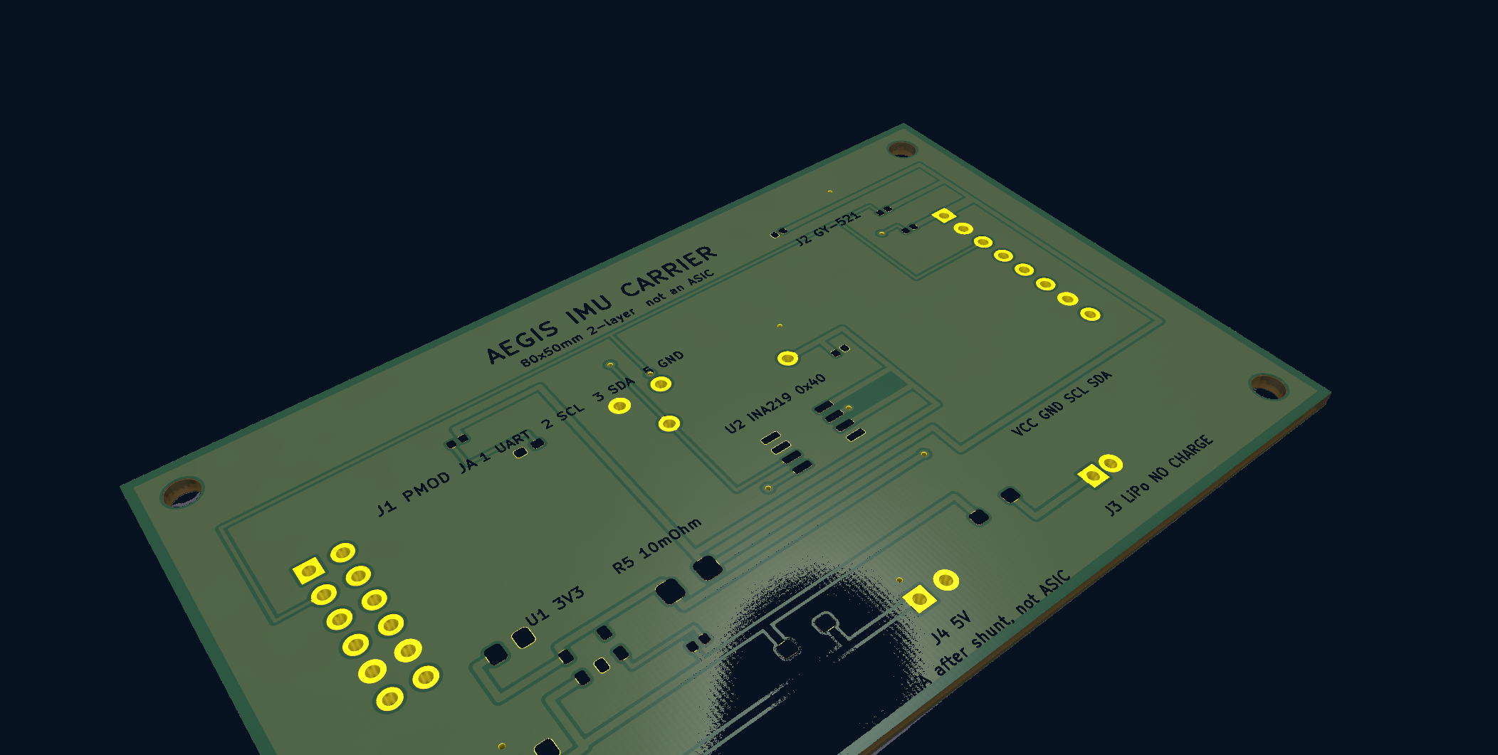 Isometric 3D render of the routed 2-layer board